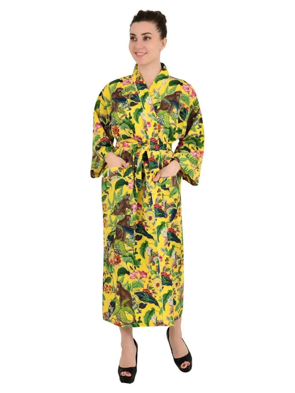 block-printed Cotton Kimono Robe in monkey