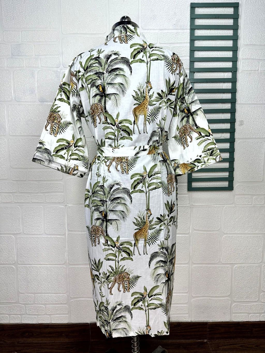 block-printed Cotton Kimono Robe in jungle