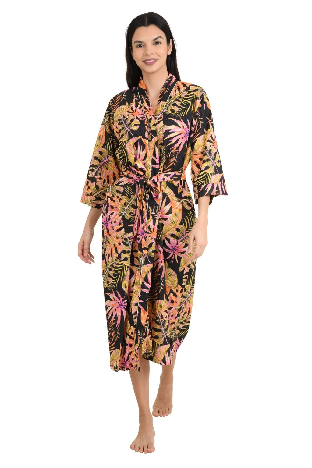 block-printed Cotton Kimono Robe in leaf