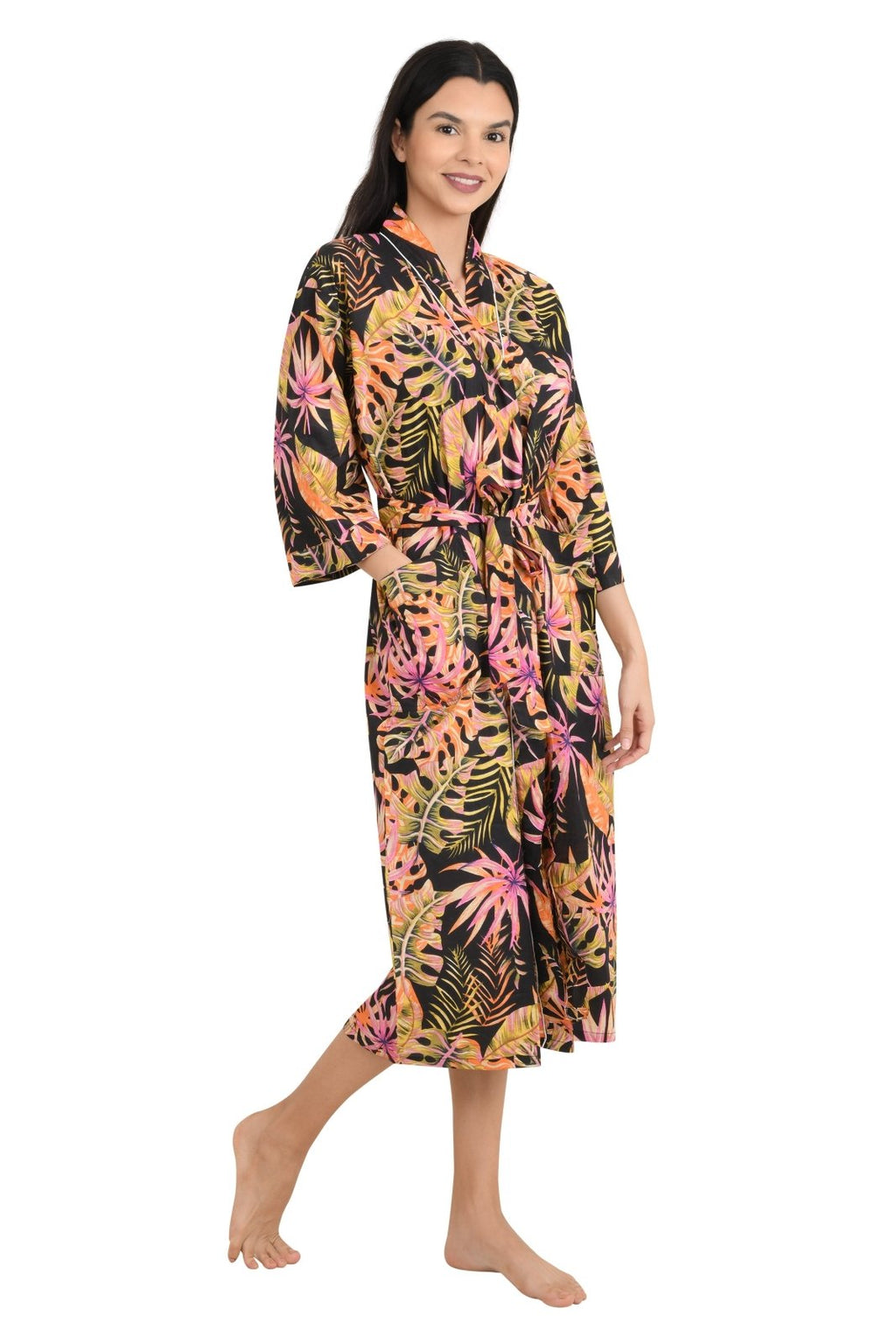 block-printed Cotton Kimono Robe in leaf