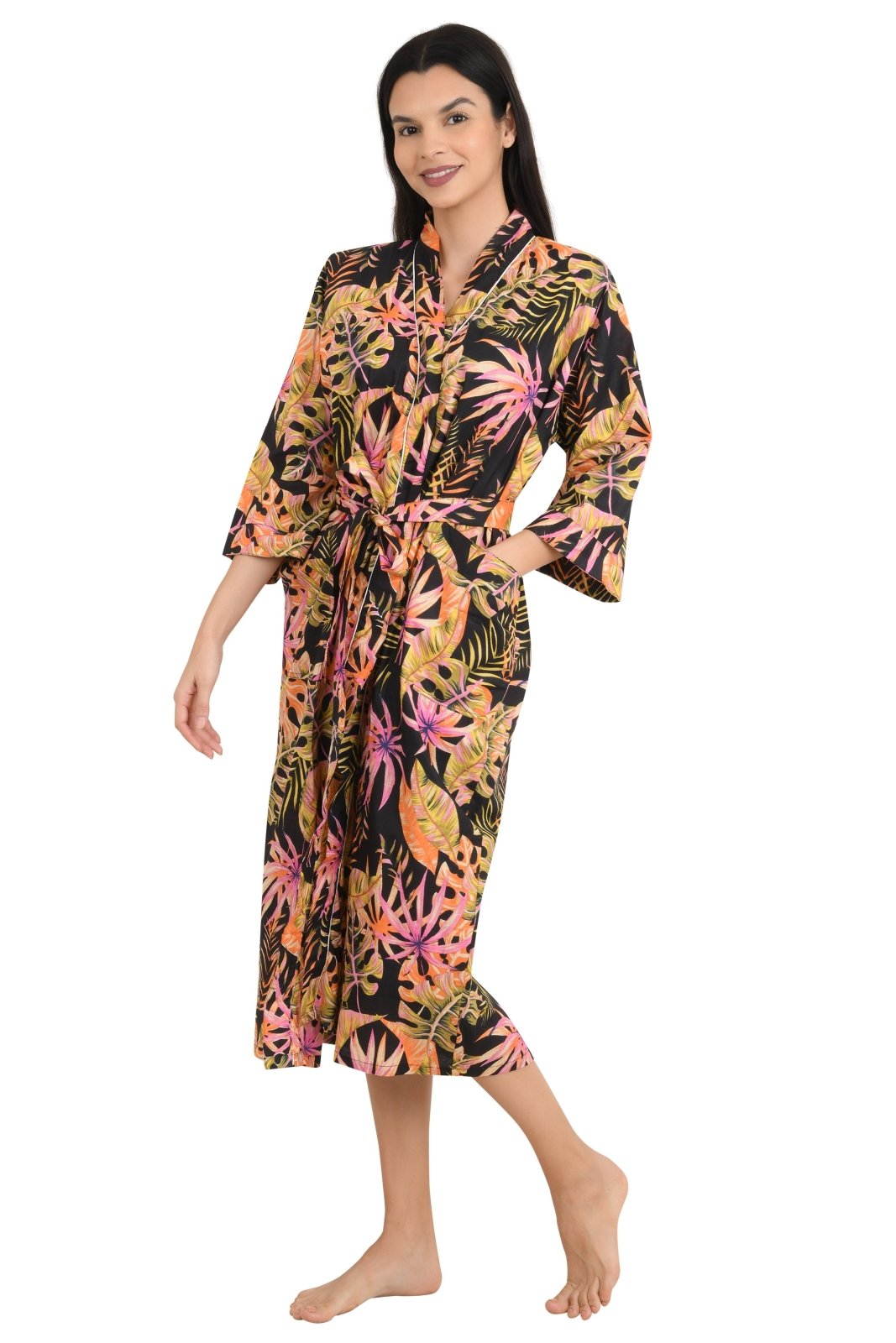 block-printed Cotton Kimono Robe in leaf