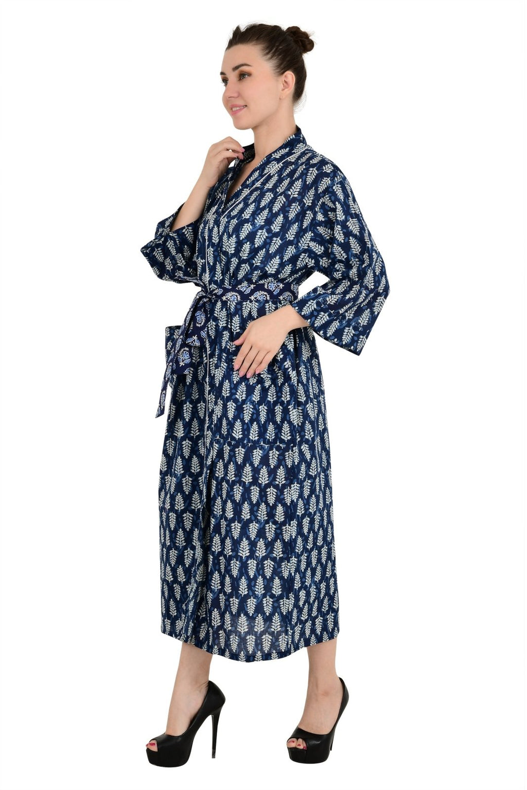 block-printed Cotton Kimono Robe in leaf