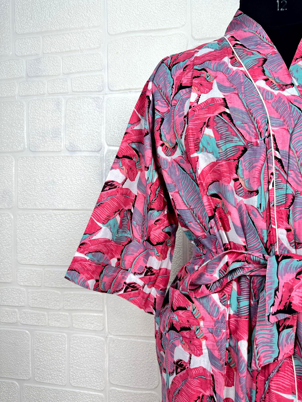 block-printed Cotton Kimono Robe in leaf