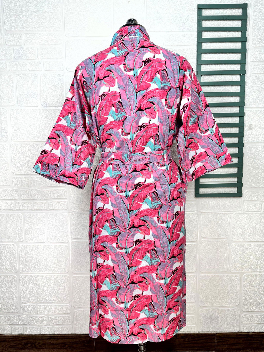 block-printed Cotton Kimono Robe in leaf