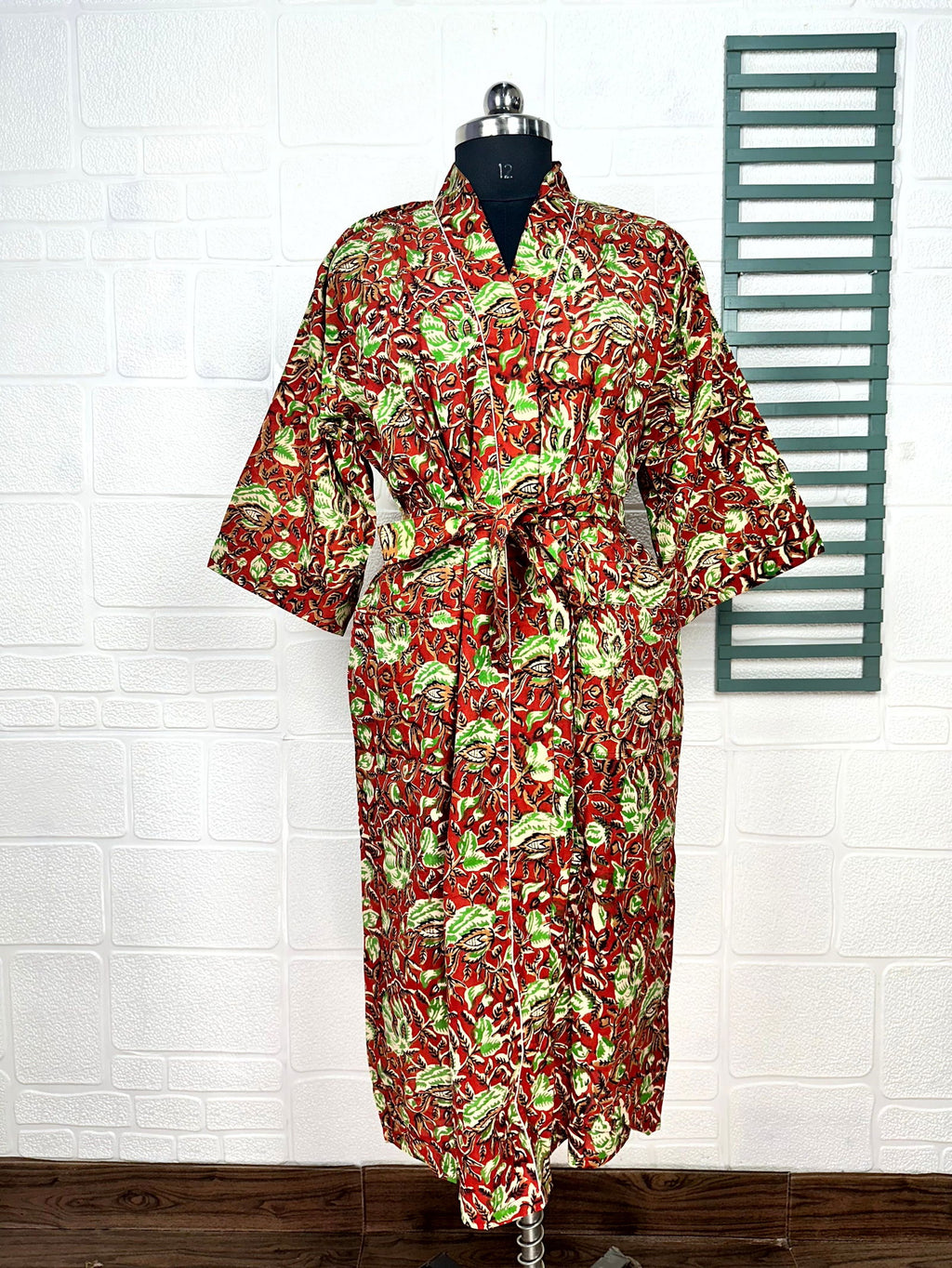 block-printed Cotton Kimono Robe in leaf