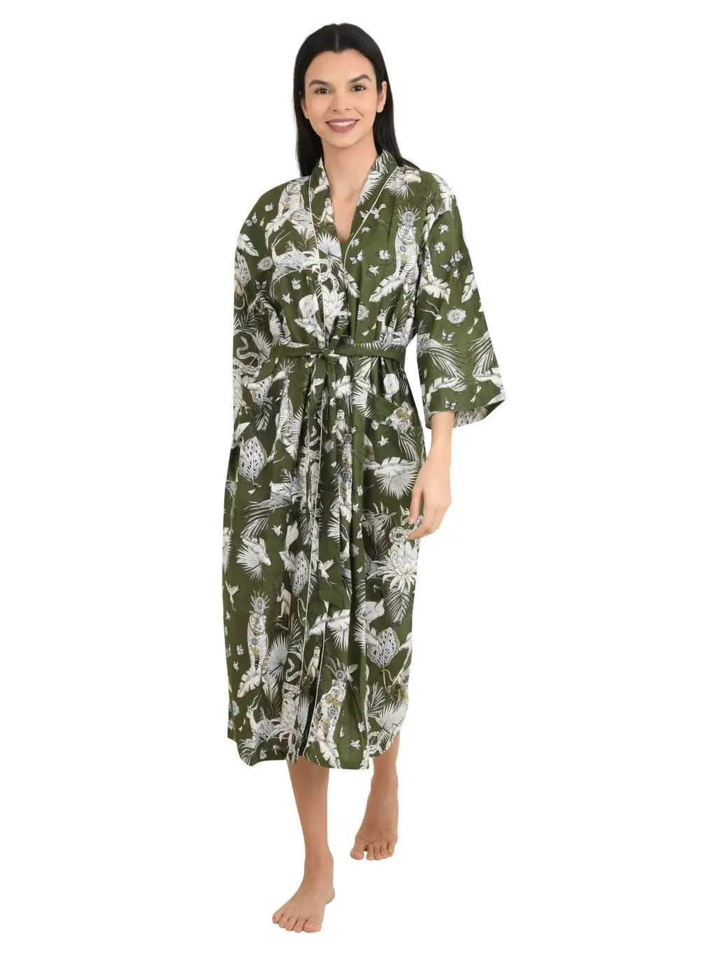 block-printed Cotton Kimono Robe in monkey