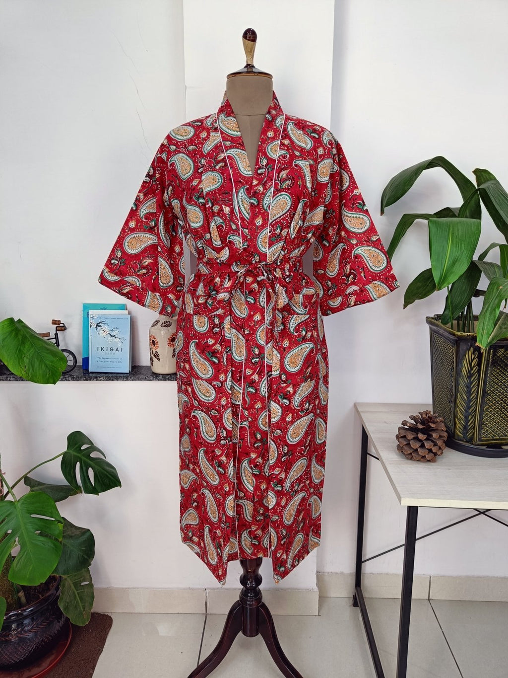 Women's block-printed Cotton Kimono Robe in paisley