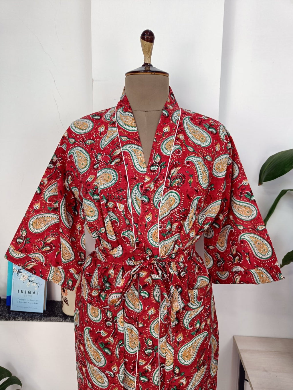Women's block-printed Cotton Kimono Robe in paisley