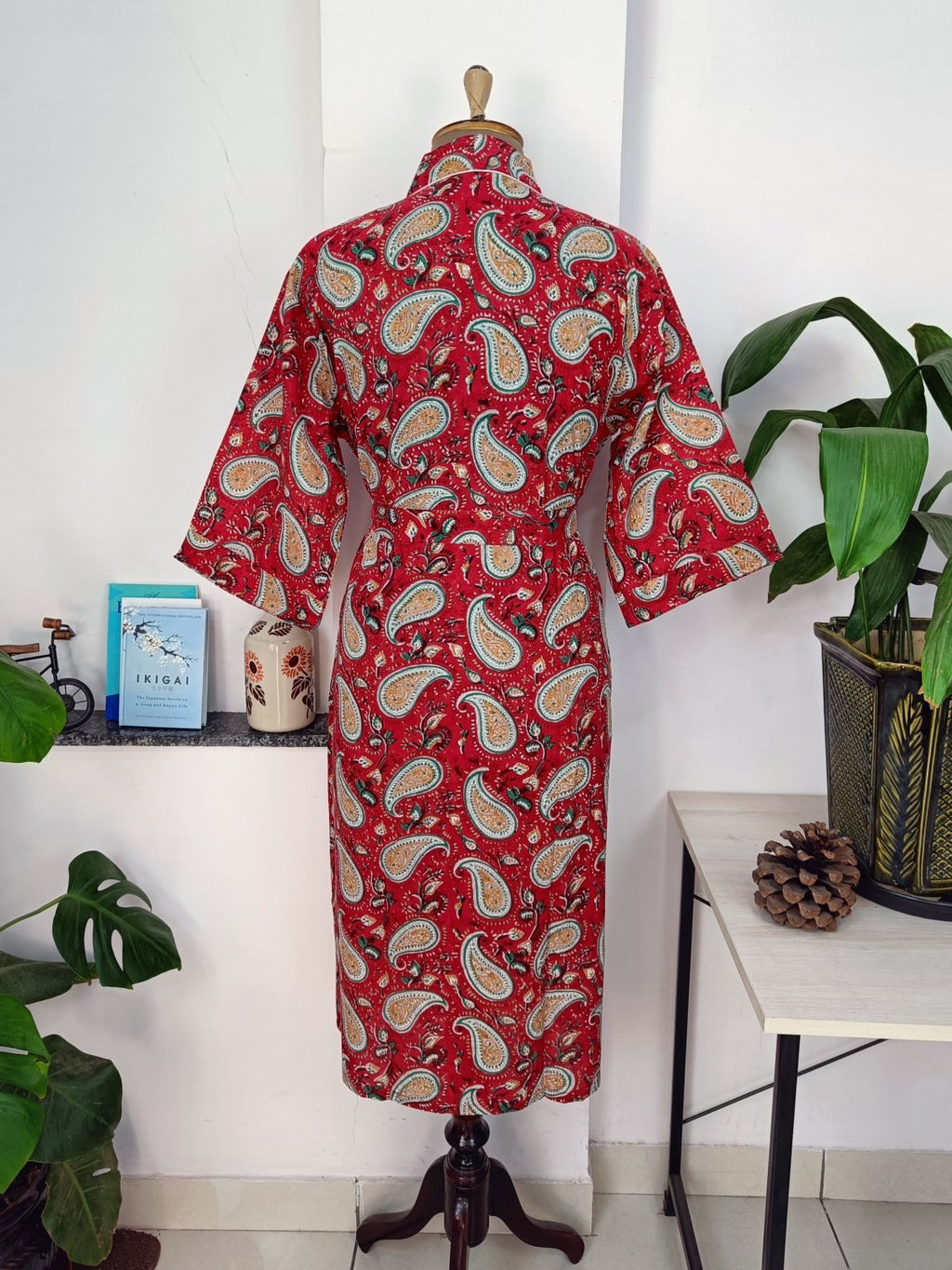 Women's block-printed Cotton Kimono Robe in paisley
