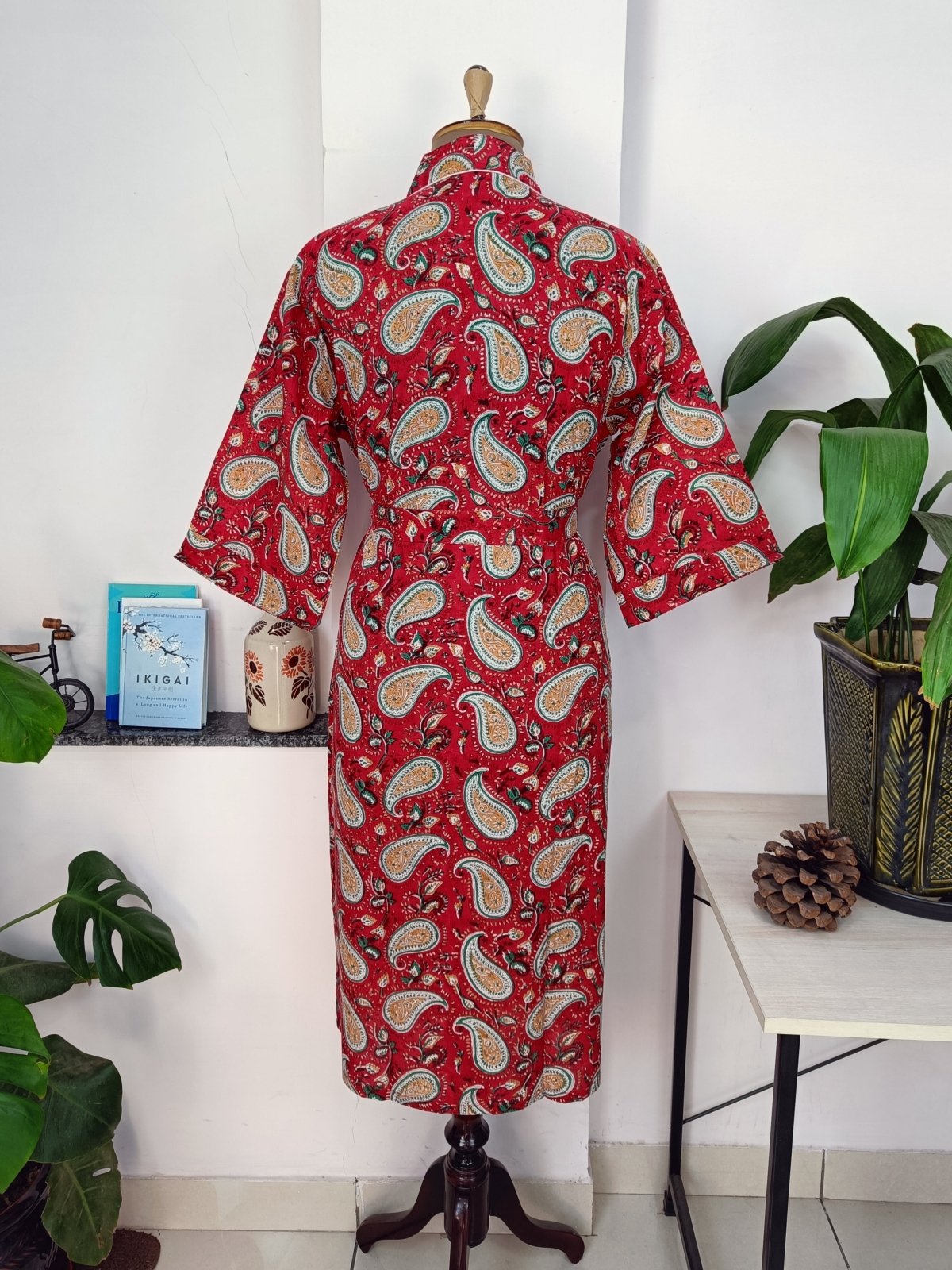 Women's block-printed Cotton Kimono Robe in paisley
