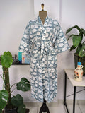 block-printed Cotton Kimono Robe in pink grey white floral