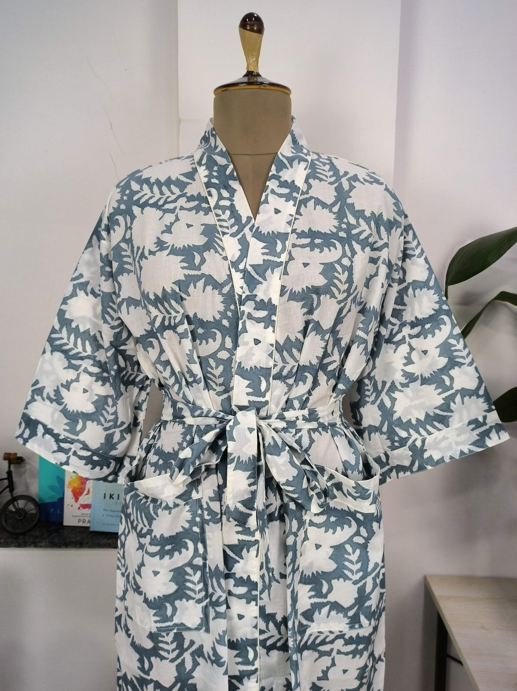 block-printed Cotton Kimono Robe in pink grey white floral