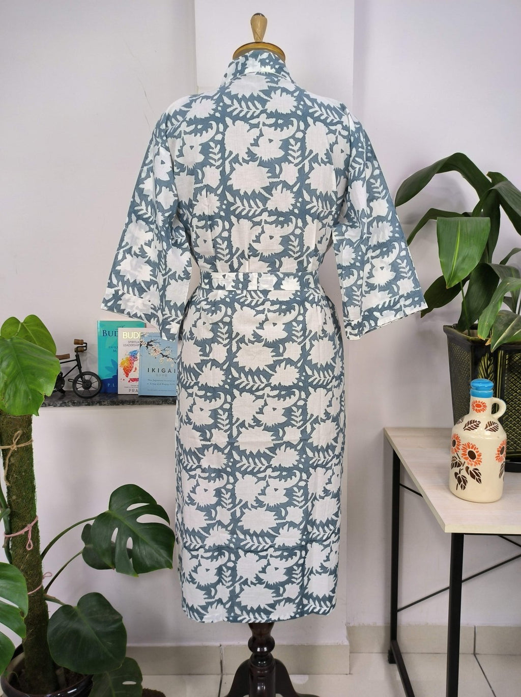 block-printed Cotton Kimono Robe in pink grey white floral