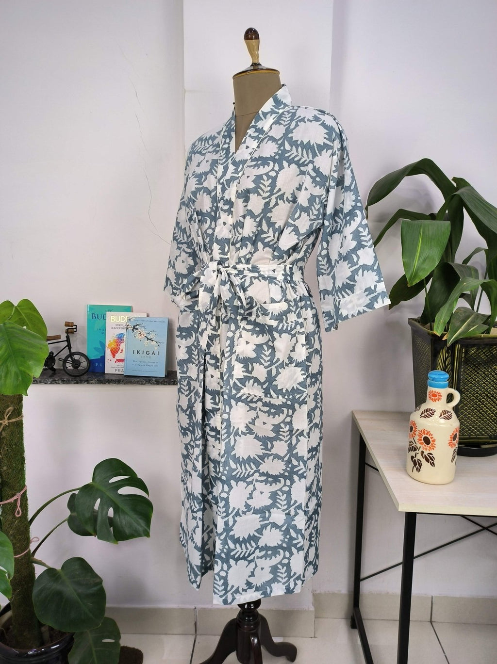 block-printed Cotton Kimono Robe in pink grey white floral