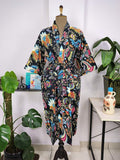 block-printed Cotton Kimono Robe in pink jungle