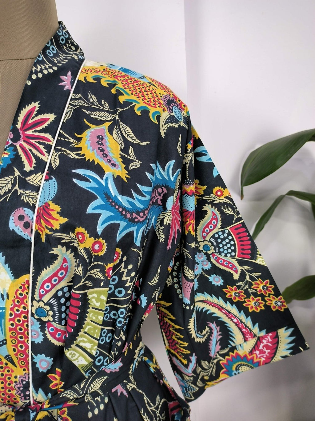 block-printed Cotton Kimono Robe in pink jungle