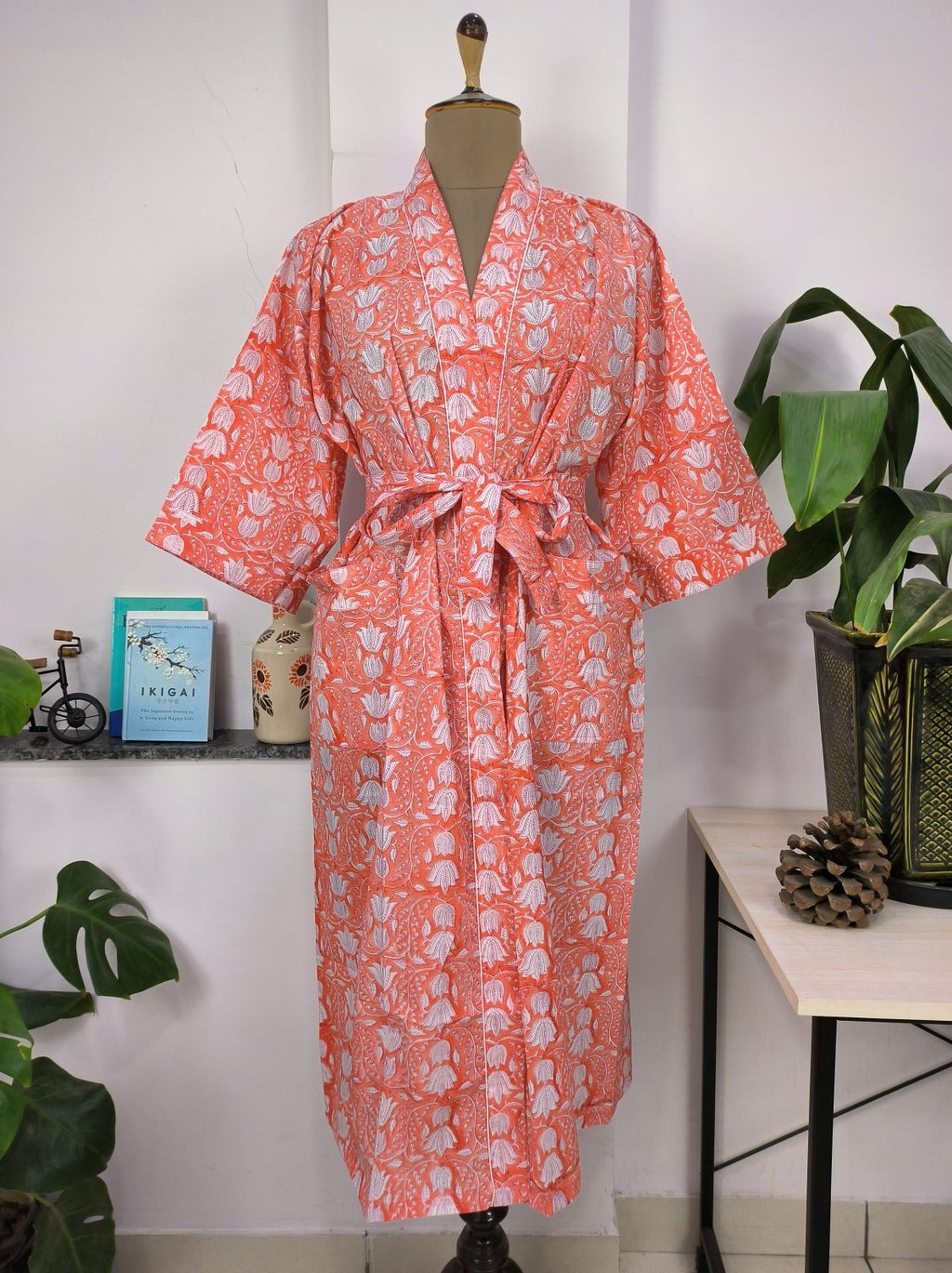 block-printed Cotton Kimono Robe in pink orange