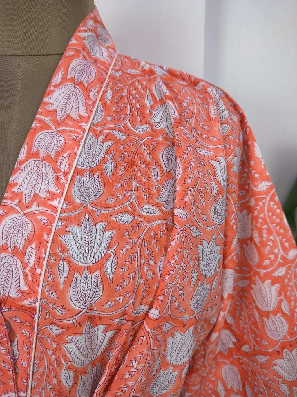 block-printed Cotton Kimono Robe in pink orange