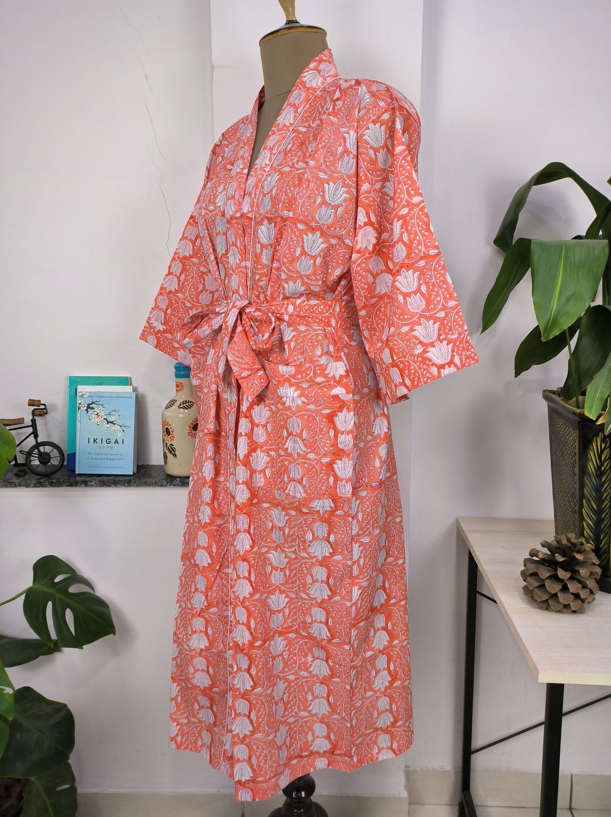 block-printed Cotton Kimono Robe in pink orange