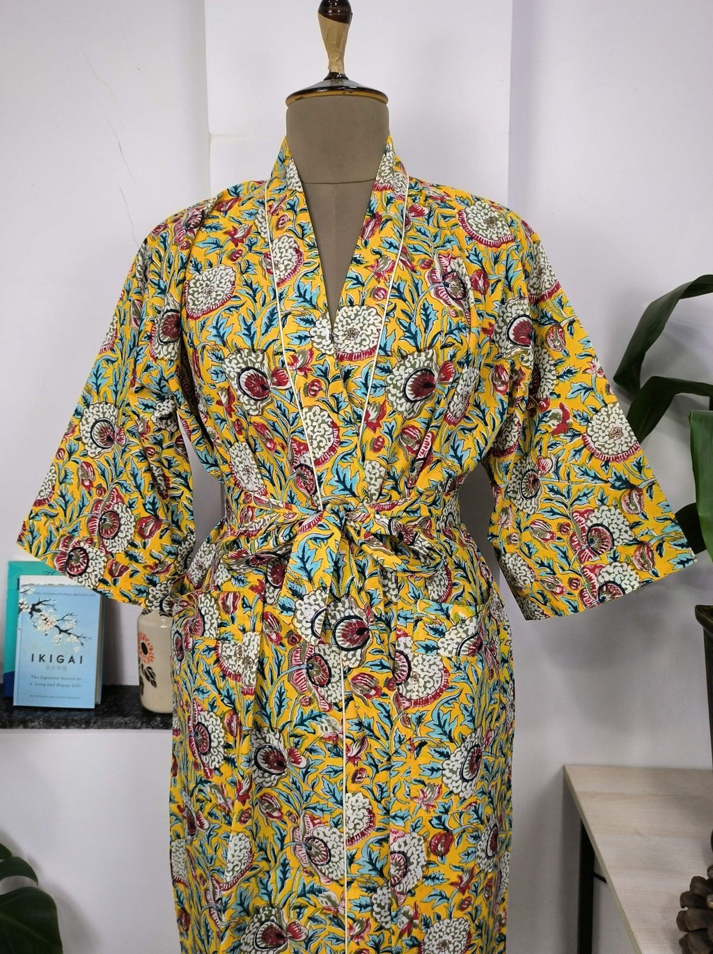 block-printed Cotton Kimono Robe in pink yellow floral