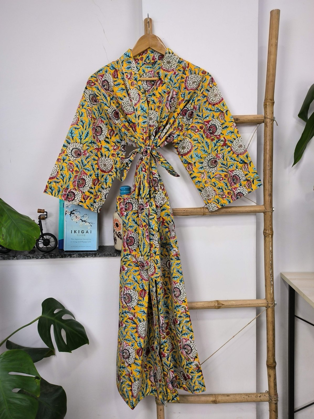 block-printed Cotton Kimono Robe in pink yellow floral