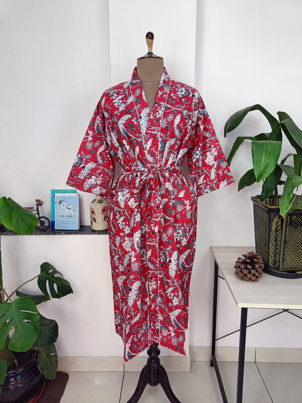 block-printed Cotton Kimono Robe in red floral