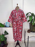 block-printed Cotton Kimono Robe in red floral