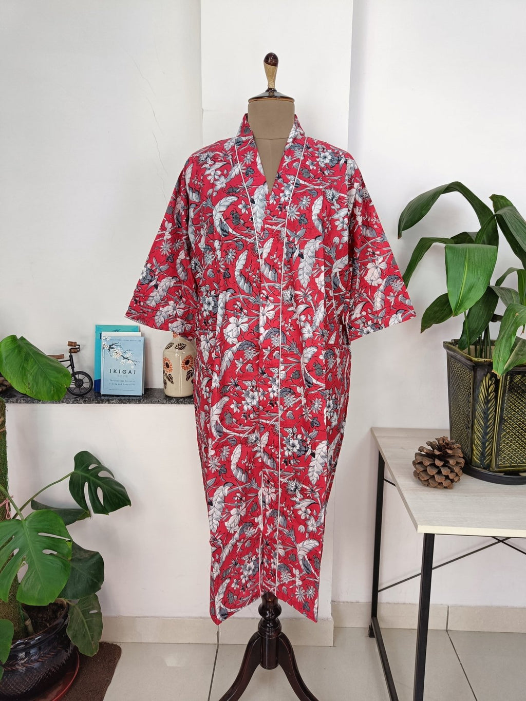 block-printed Cotton Kimono Robe in red floral