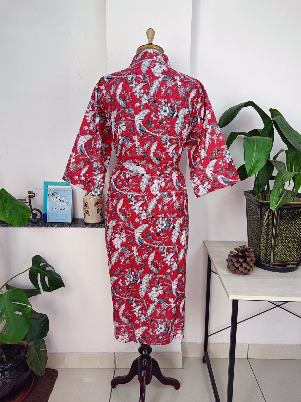 block-printed Cotton Kimono Robe in red floral