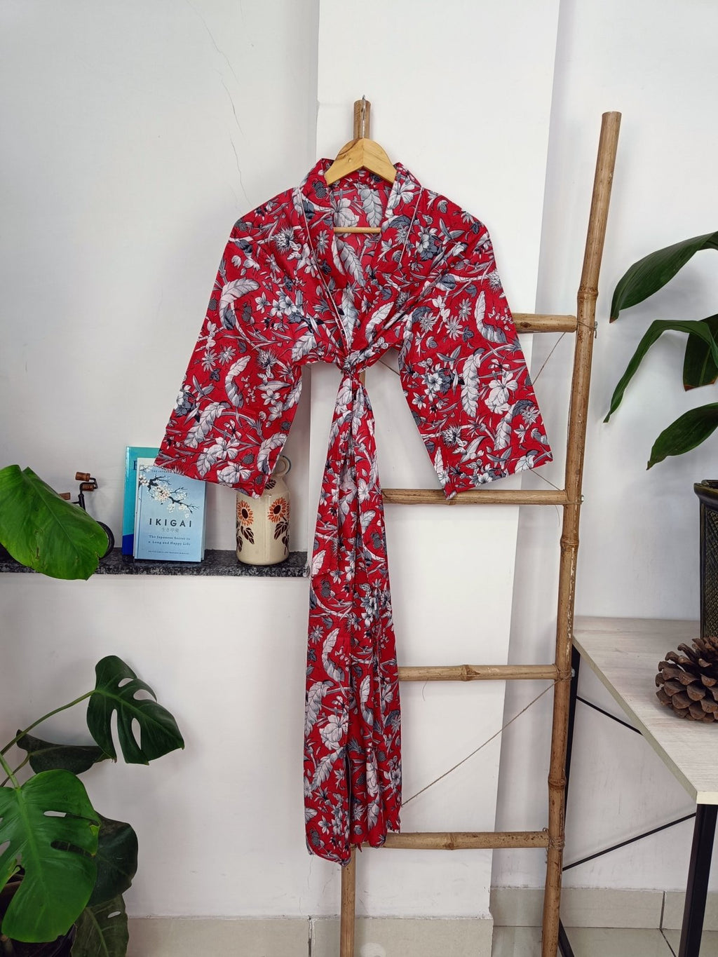 block-printed Cotton Kimono Robe in red floral