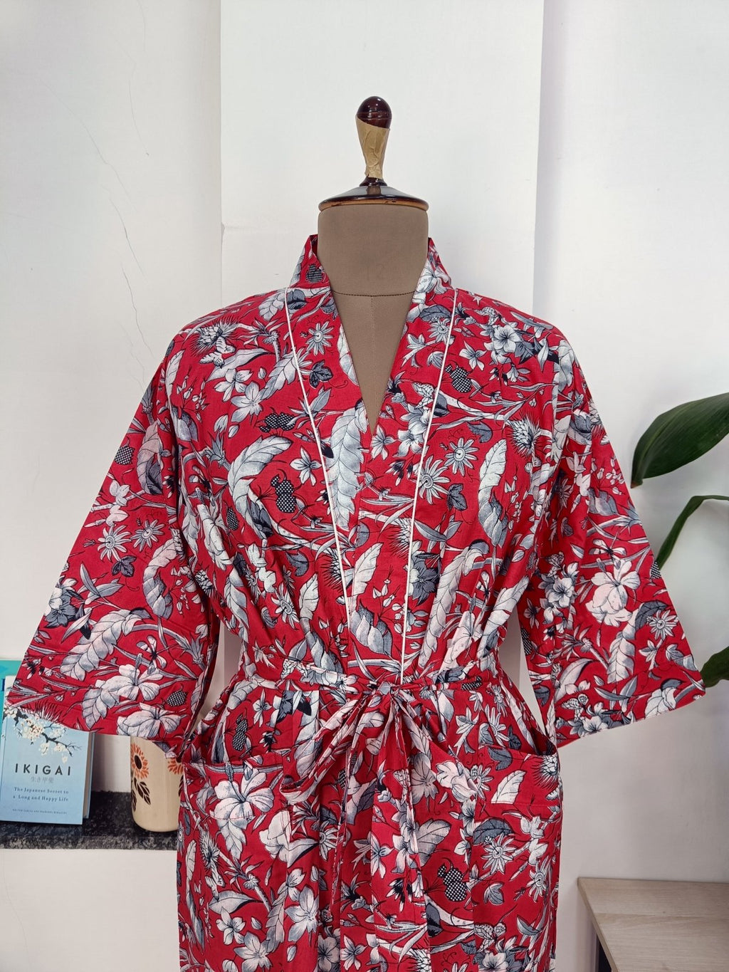 block-printed Cotton Kimono Robe in red floral