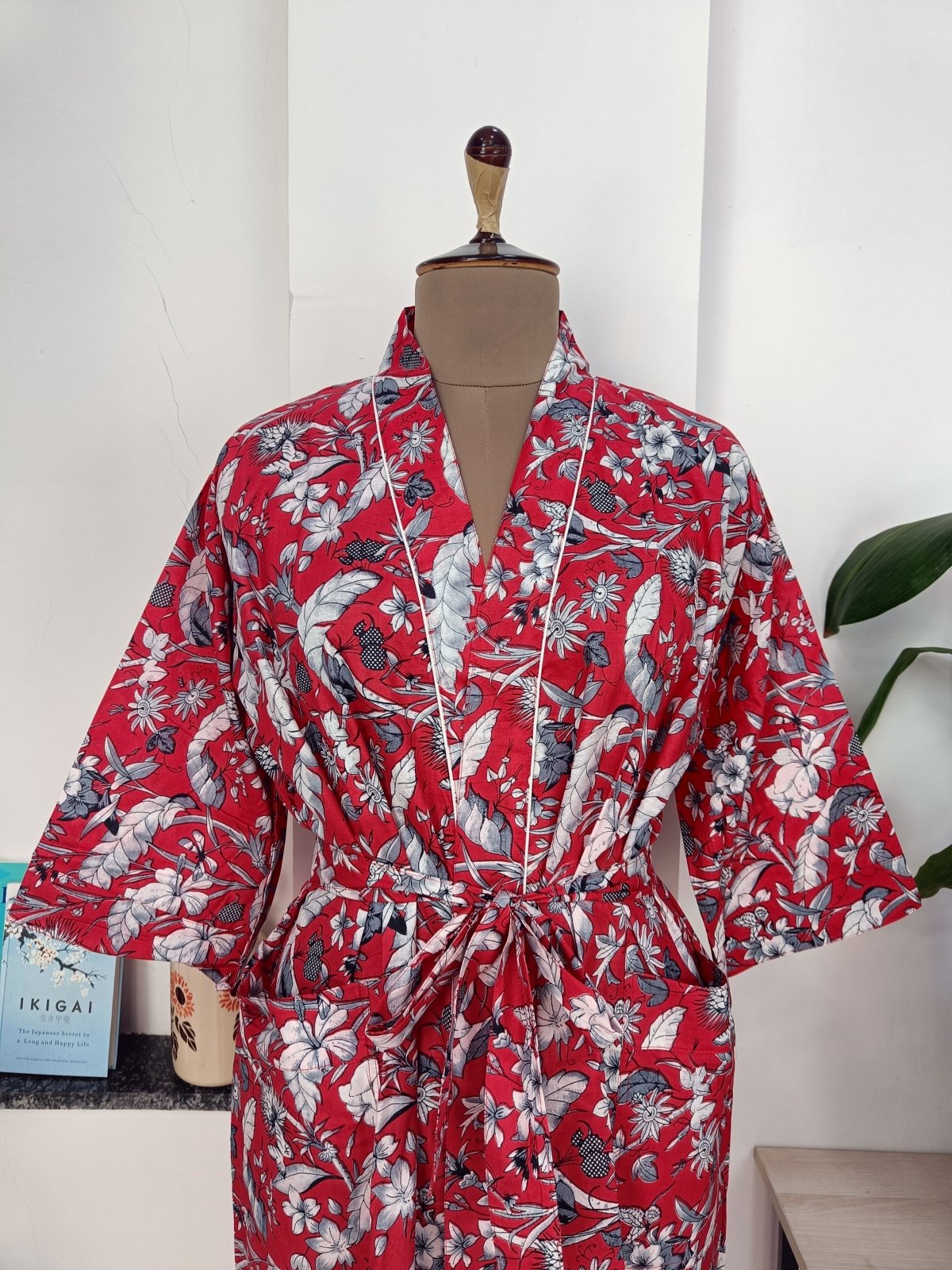 block-printed Cotton Kimono Robe in red floral