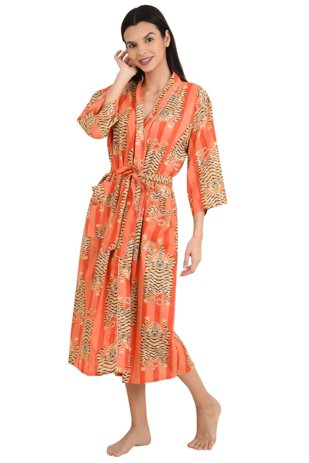block-printed Cotton Kimono Robe in cheetah