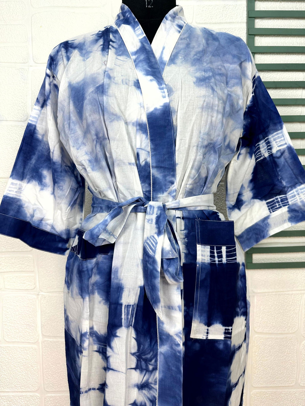 block-printed Cotton Kimono Robe in tie-dye