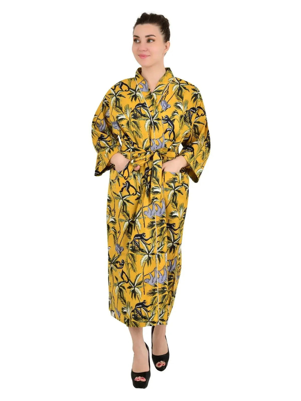 block-printed Cotton Kimono Robe in monkey