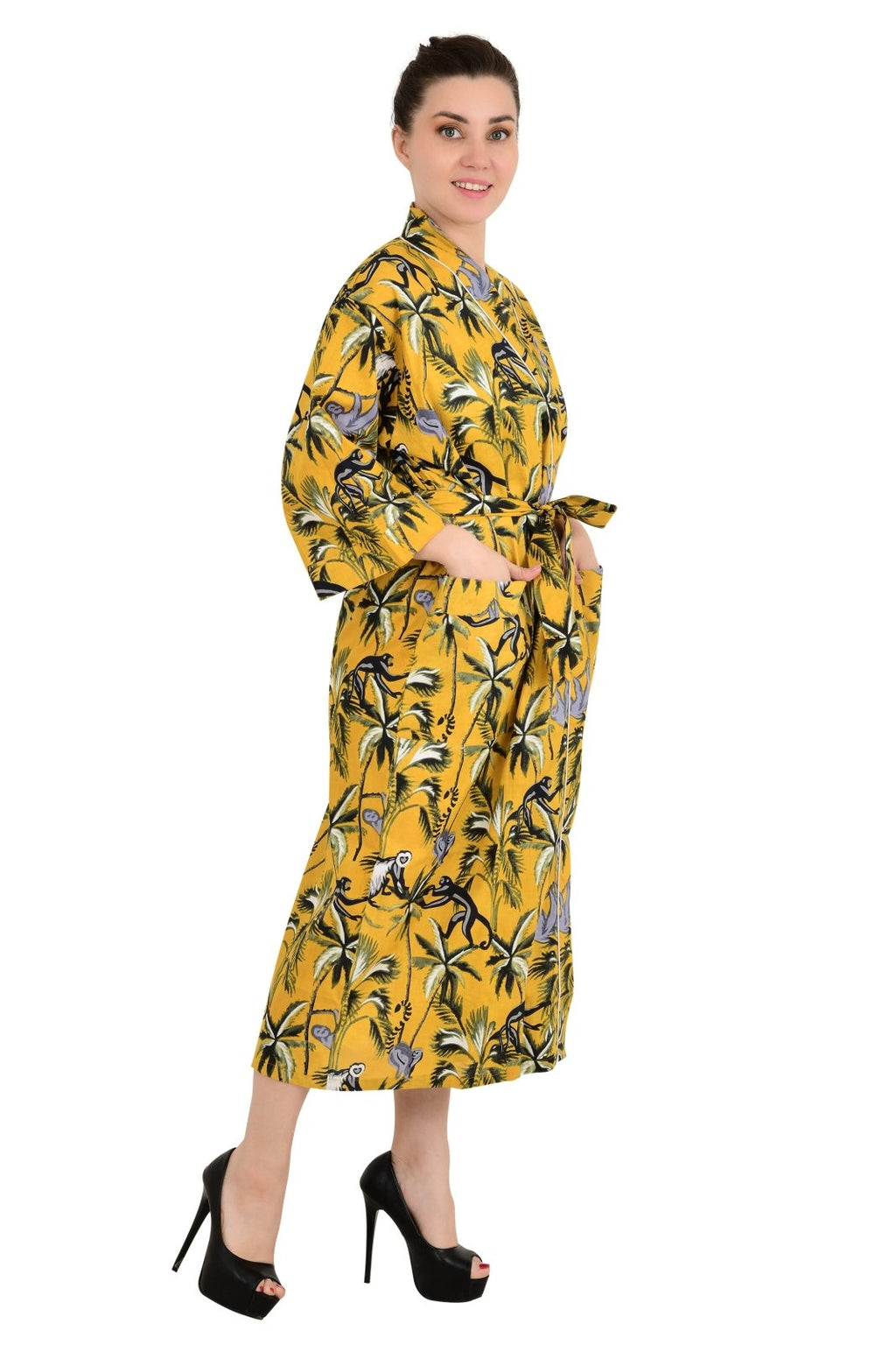 block-printed Cotton Kimono Robe in monkey