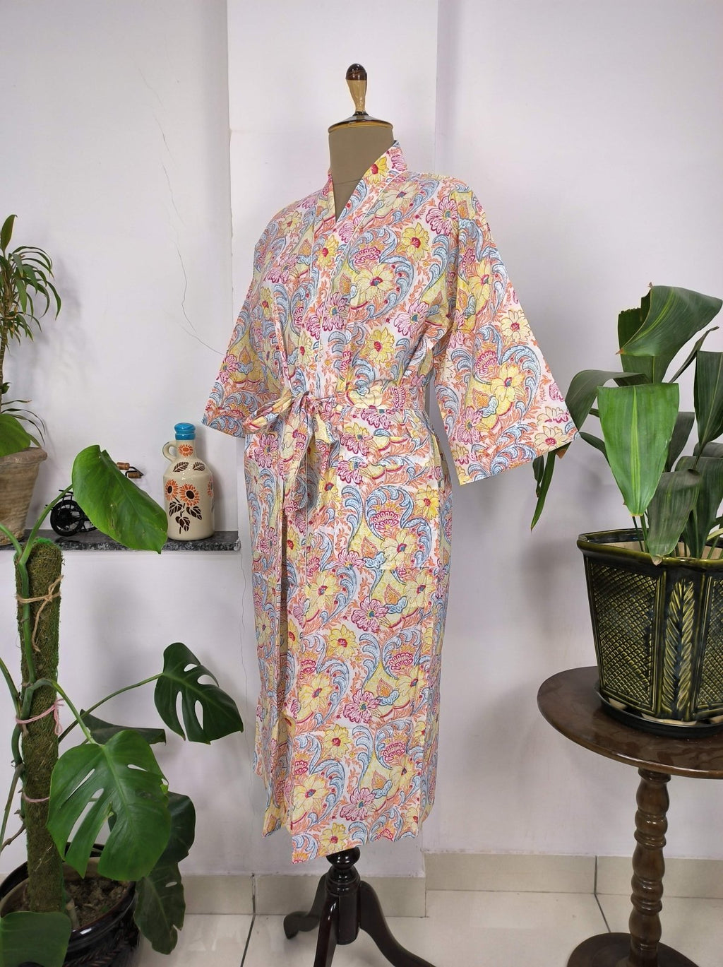 block-printed Cotton Kimono Robe in floral