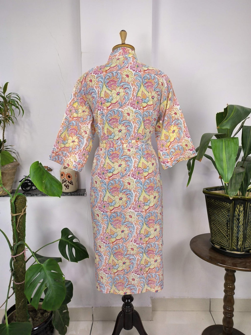 block-printed Cotton Kimono Robe in floral