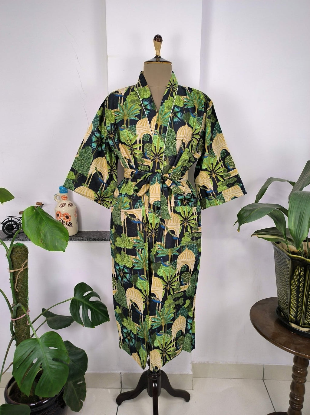 block-printed Cotton Kimono Robe in peacock