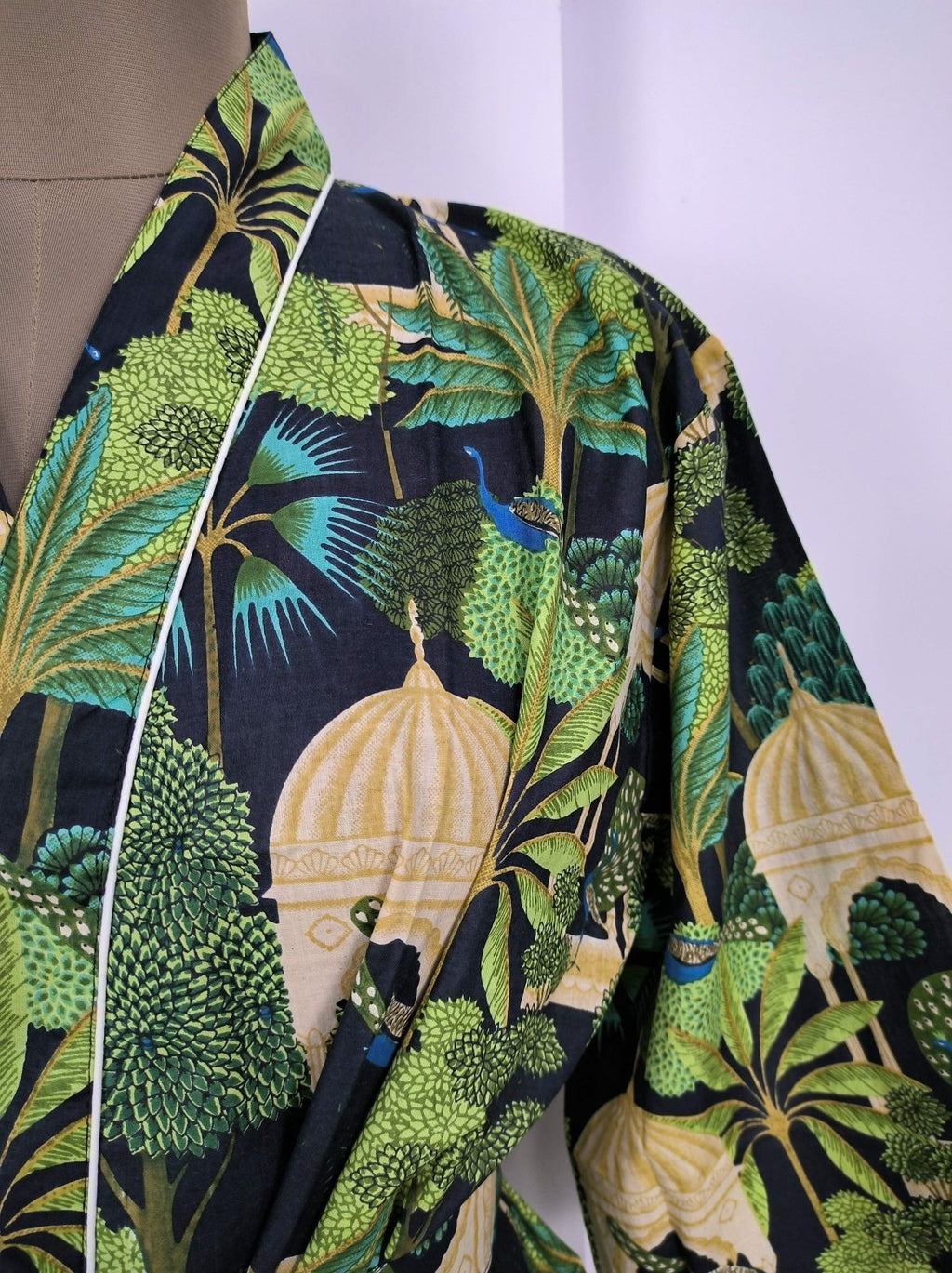 block-printed Cotton Kimono Robe in peacock