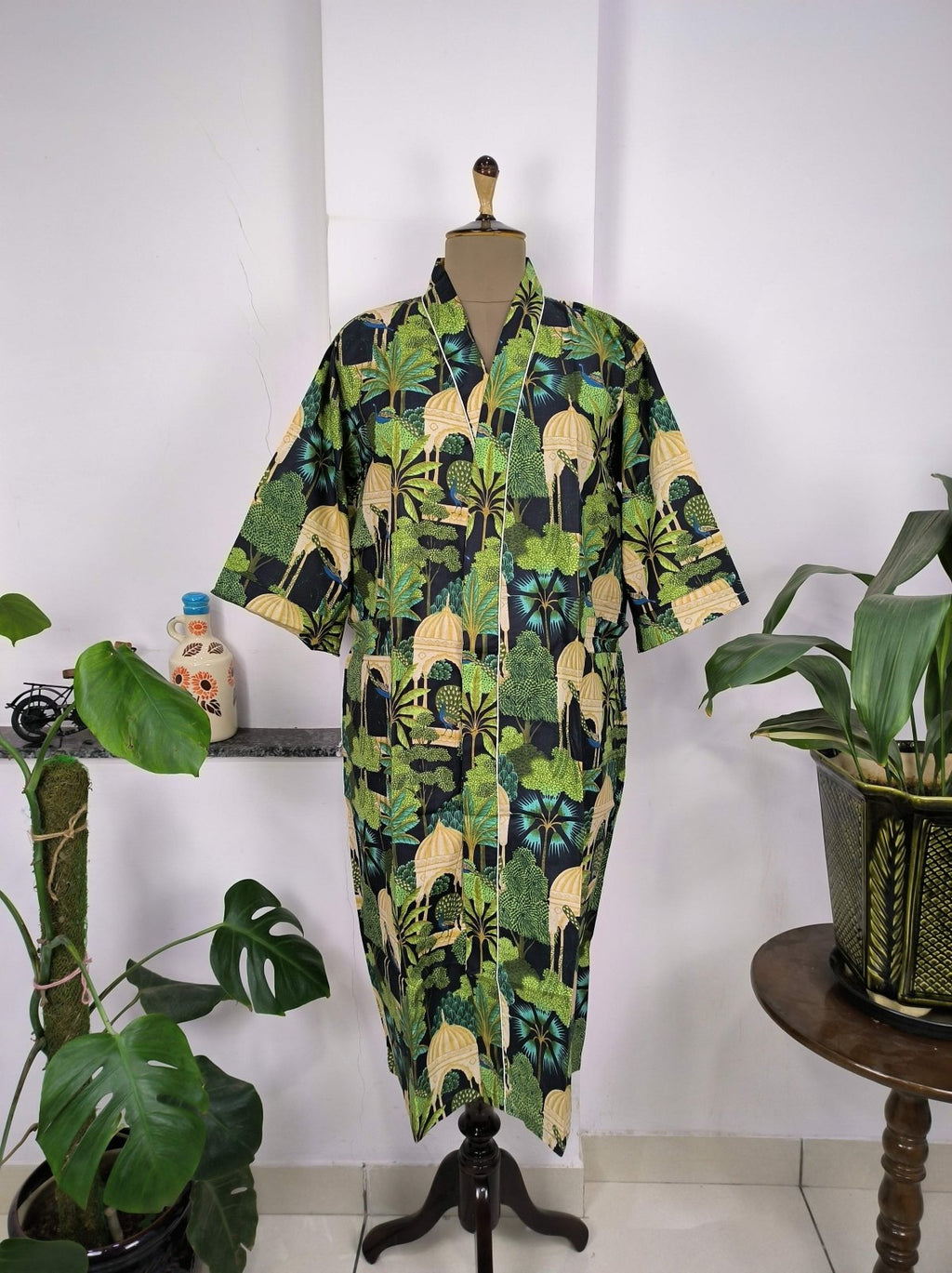 block-printed Cotton Kimono Robe in peacock
