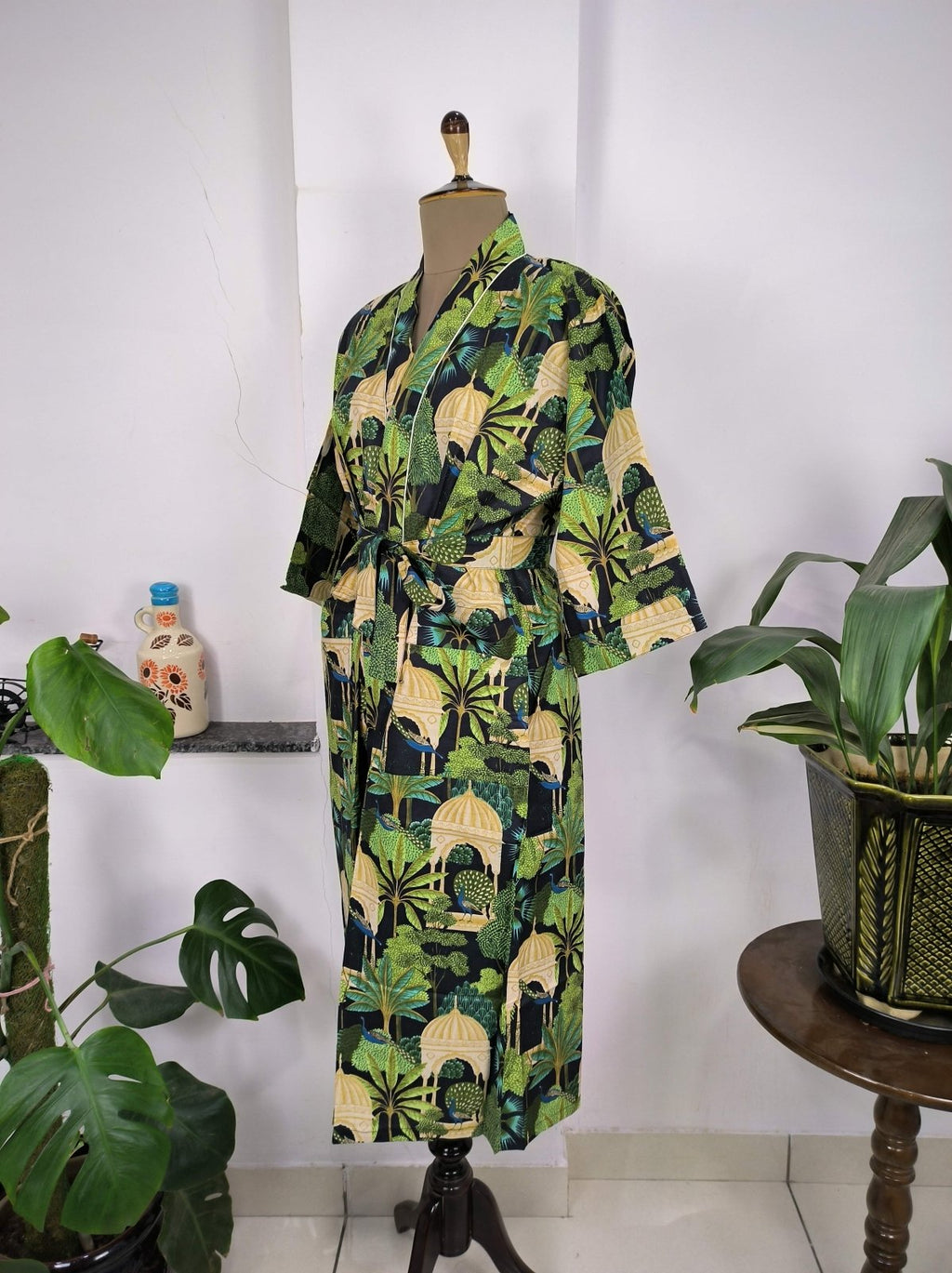 block-printed Cotton Kimono Robe in peacock