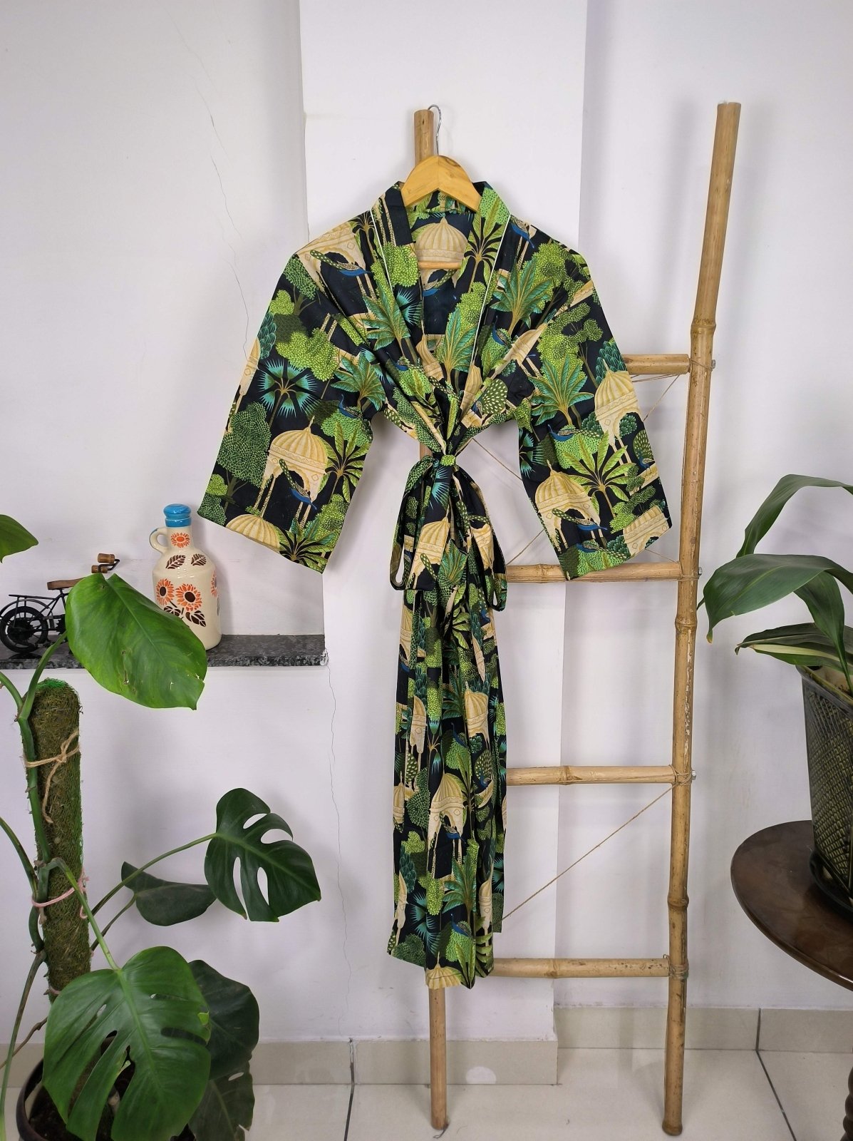 block-printed Cotton Kimono Robe in peacock