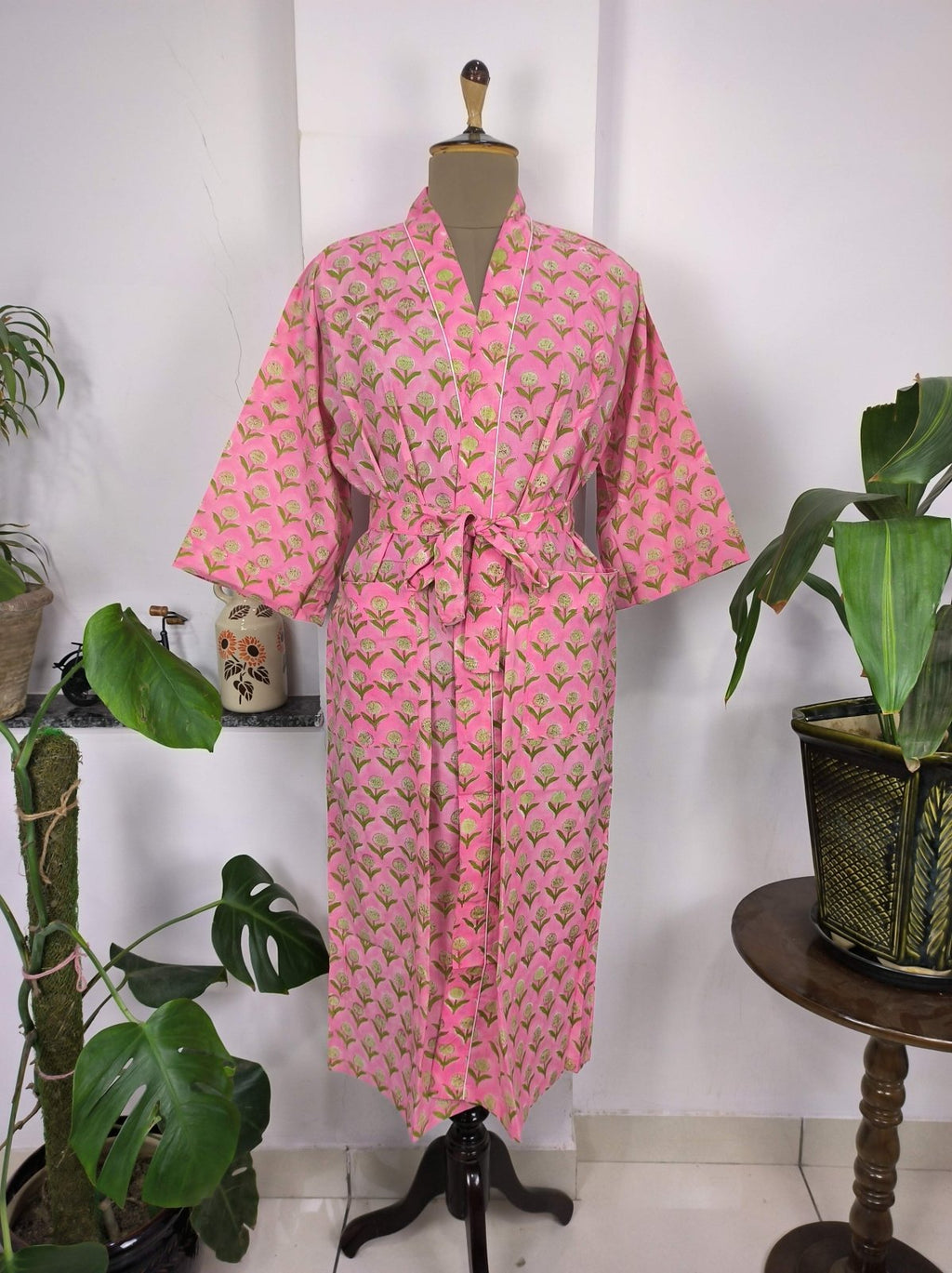 block-printed Cotton Kimono Robe in pink yellow floral