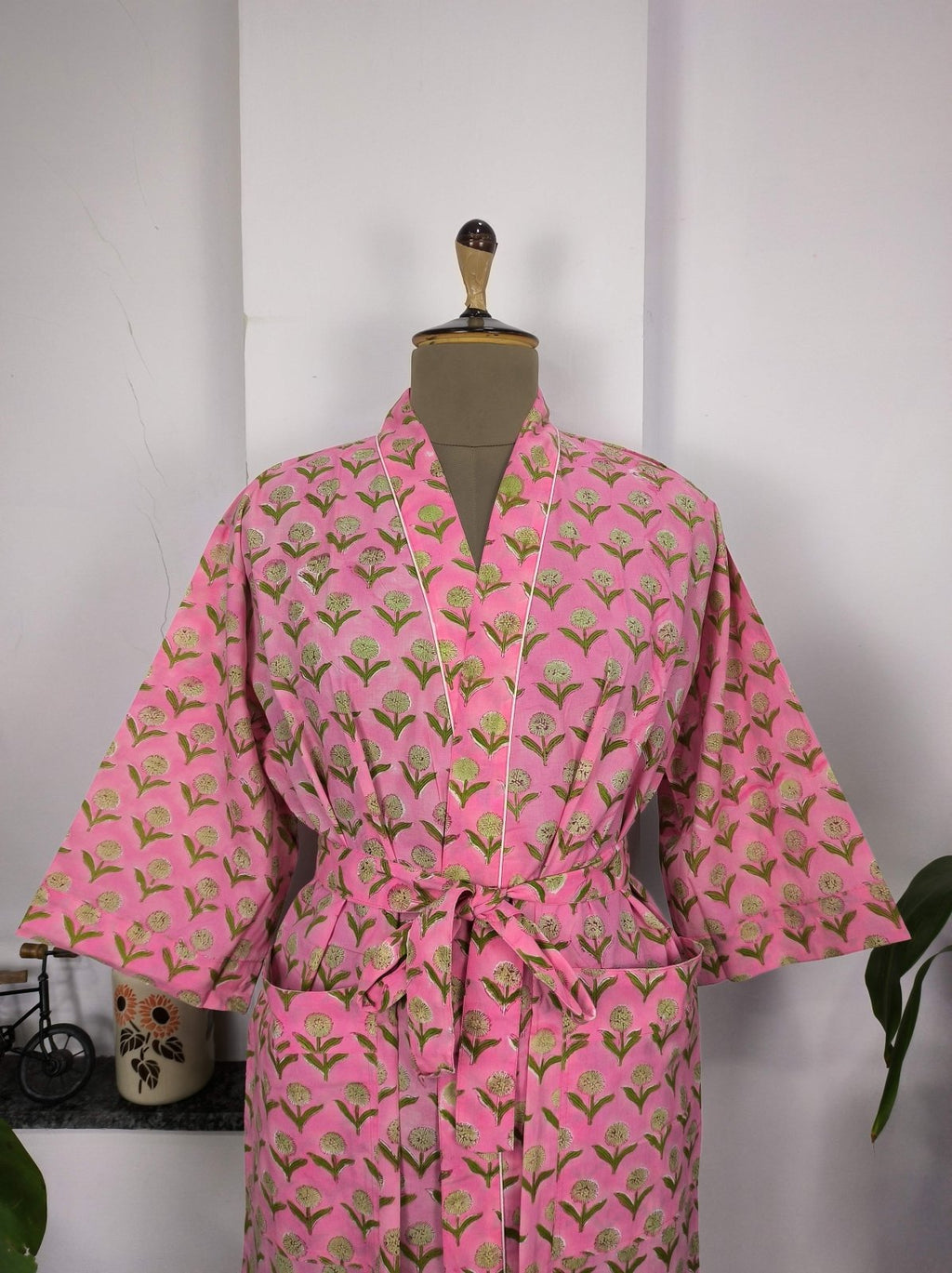 block-printed Cotton Kimono Robe in pink yellow floral