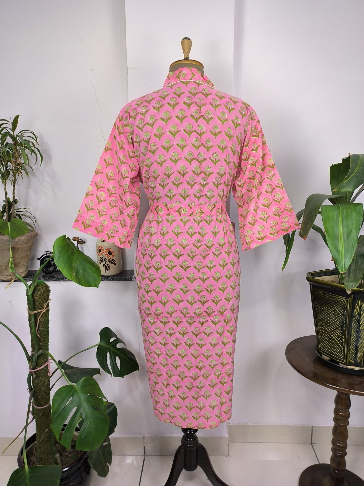 block-printed Cotton Kimono Robe in pink yellow floral