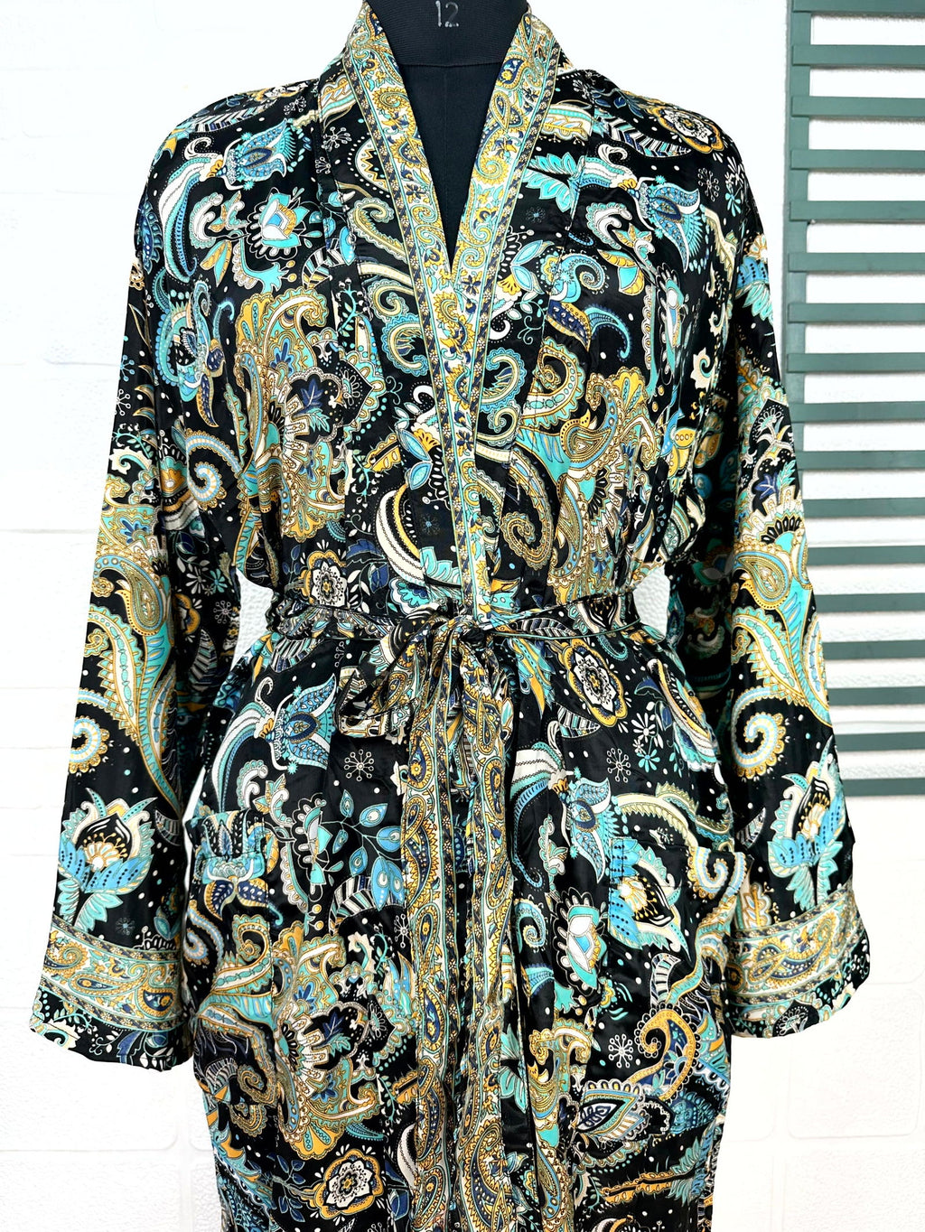 Men's Silk Kimono Robe in black blue floral