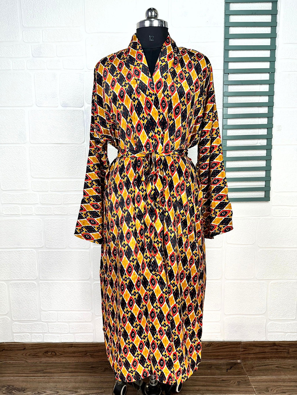 Men's Silk Kimono Robe in yellow black ikat