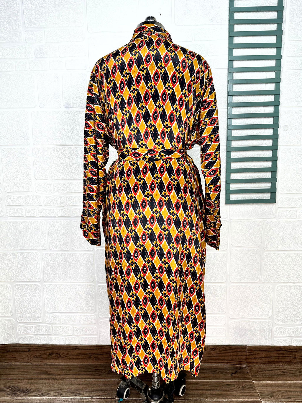 Men's Silk Kimono Robe in yellow black ikat