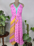 Recycled Silk Halter Maxi Dress in pink turquoise